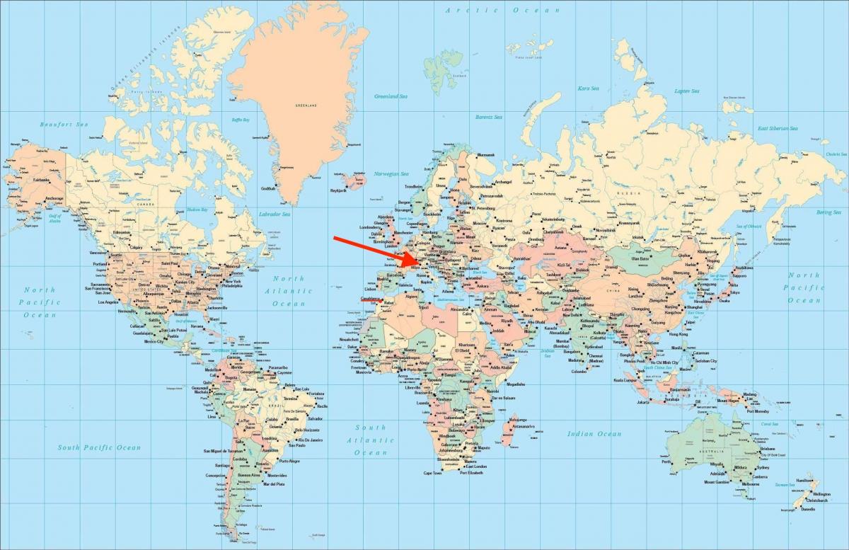 世界地図上のミラノの位置